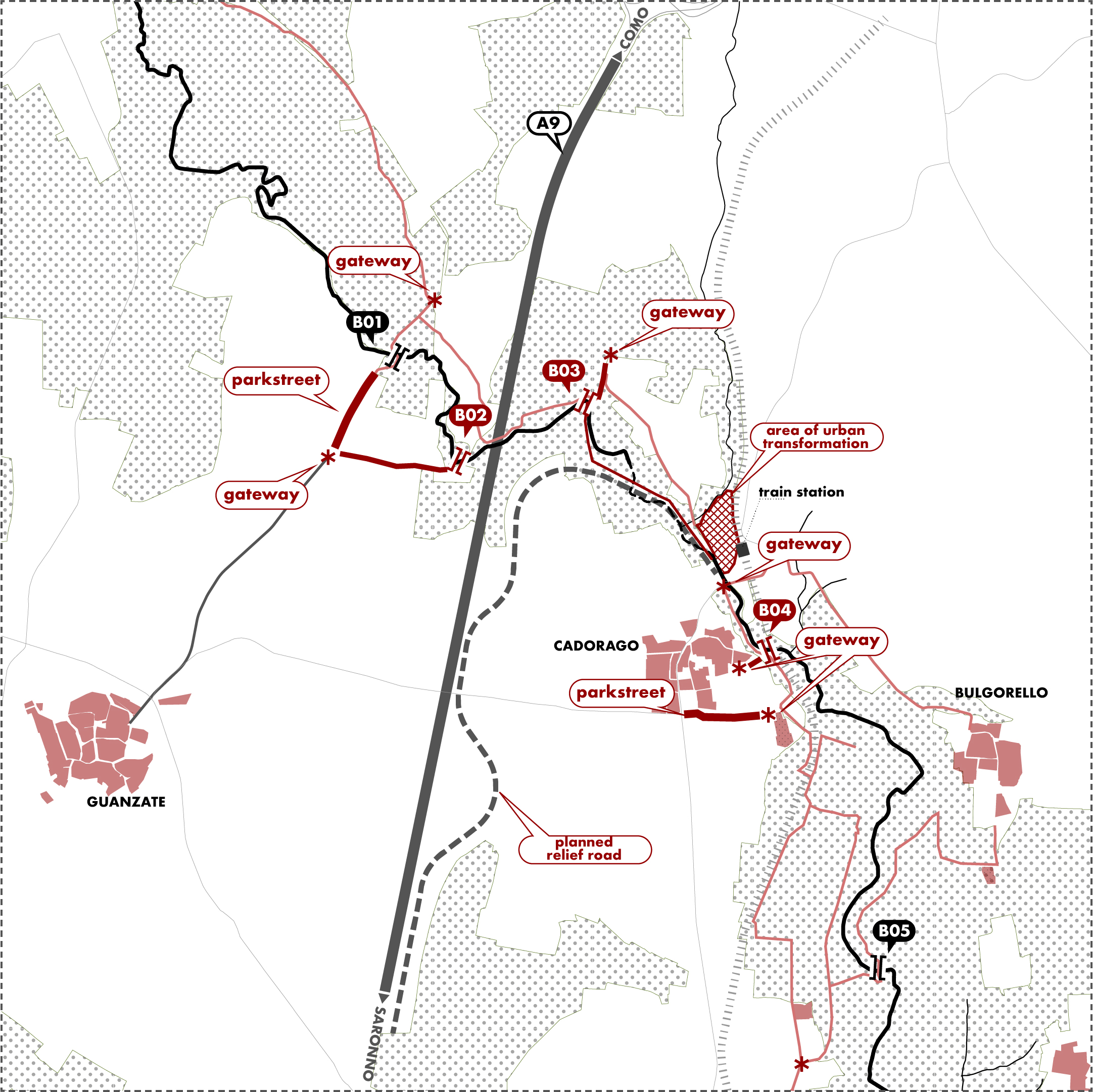 "Crossing the Stream: Threshold Strategy between Park and Settlements". Drawing by the author (2025)