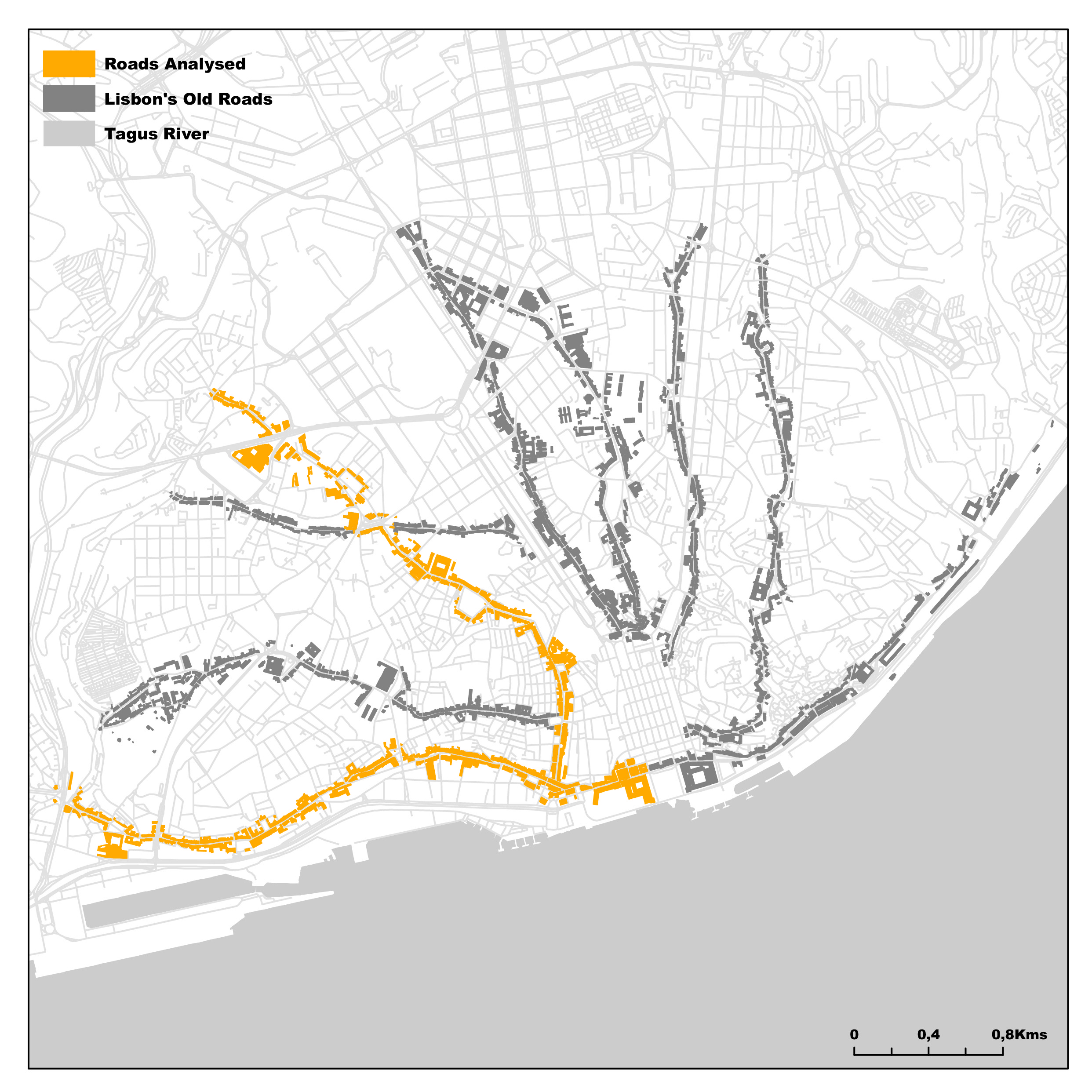 "The old roads of Lisbon within the city’s grid". Image by the author (2025)