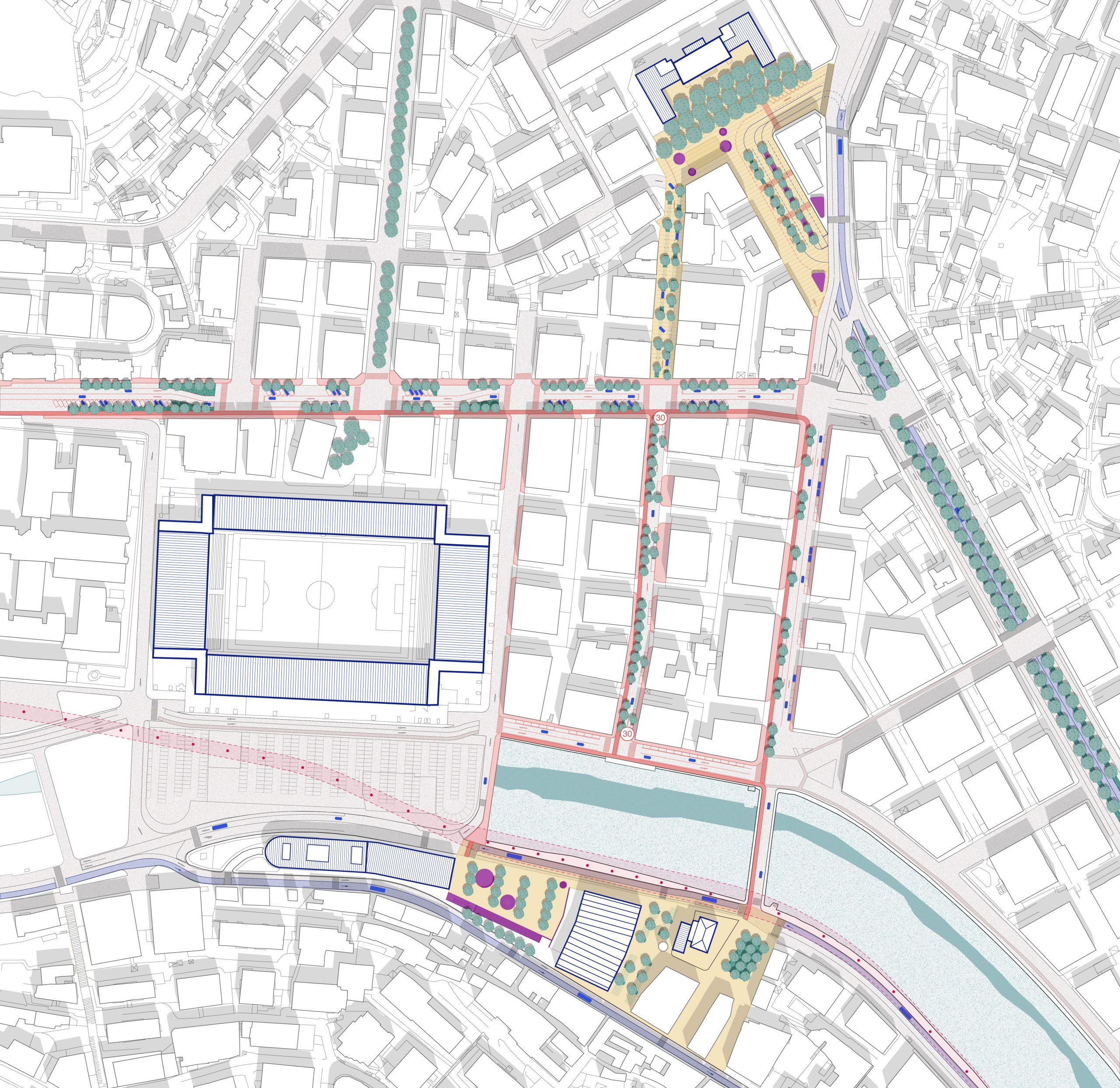 "Transversal connections between new public spaces at “level zero" through active mobility in the Marassi area". Drawing by the author (2024)