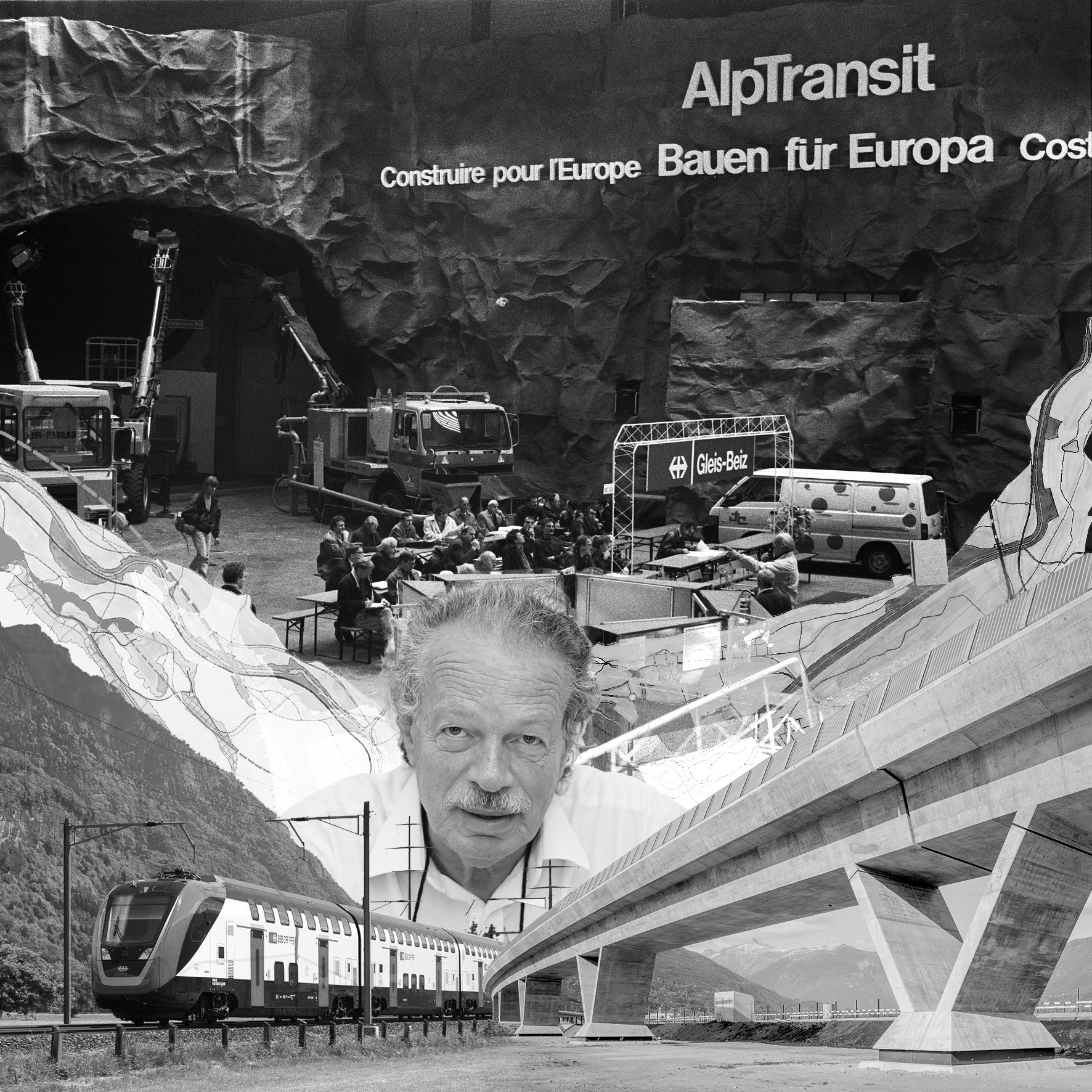 "Aurelio Galfetti and the Reflection Group on Alptransit". Collage by the author (2025)