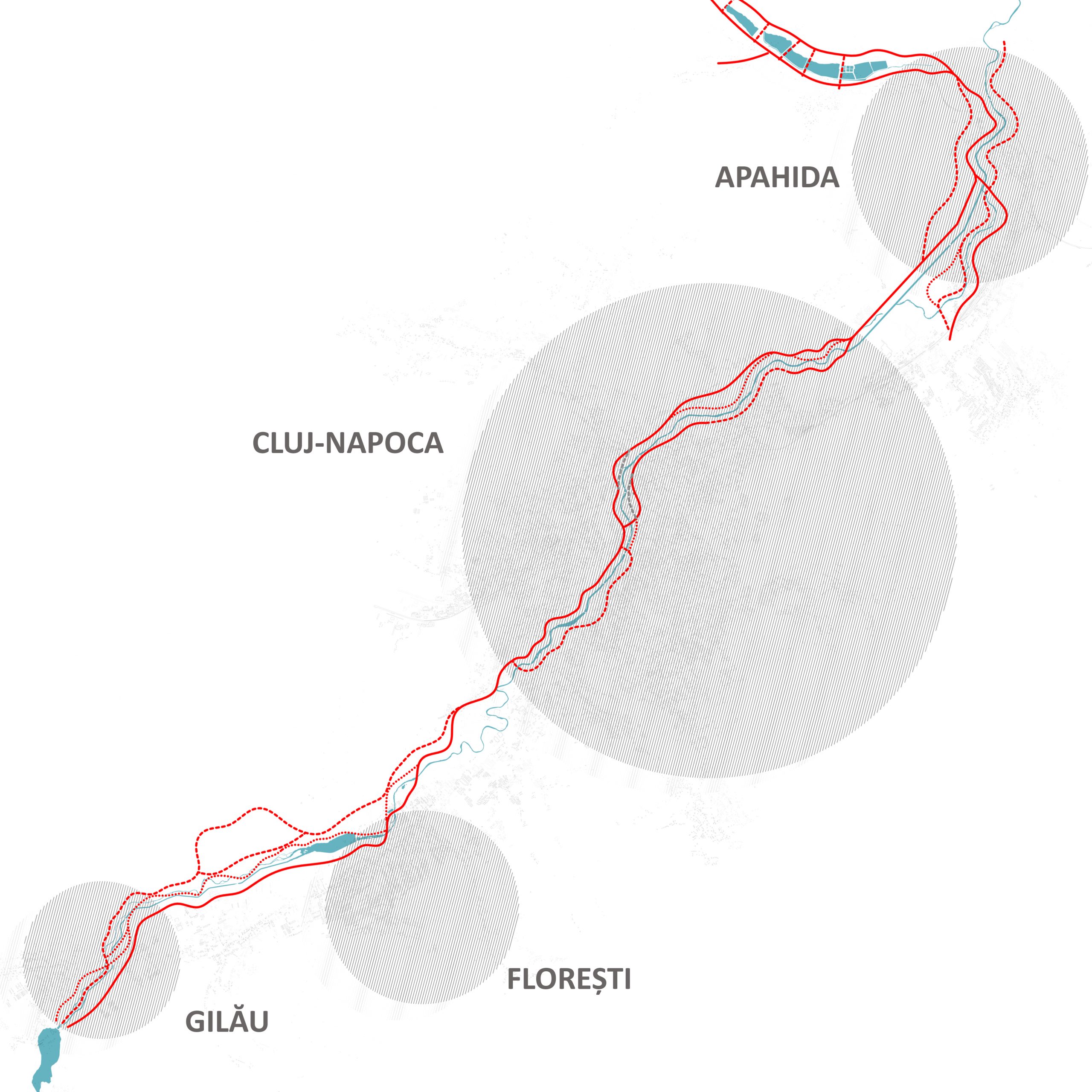 "Lines of movement along the river landscape, Someș Mobility Corridor and the four municipalities". Drawing by the author (2025)