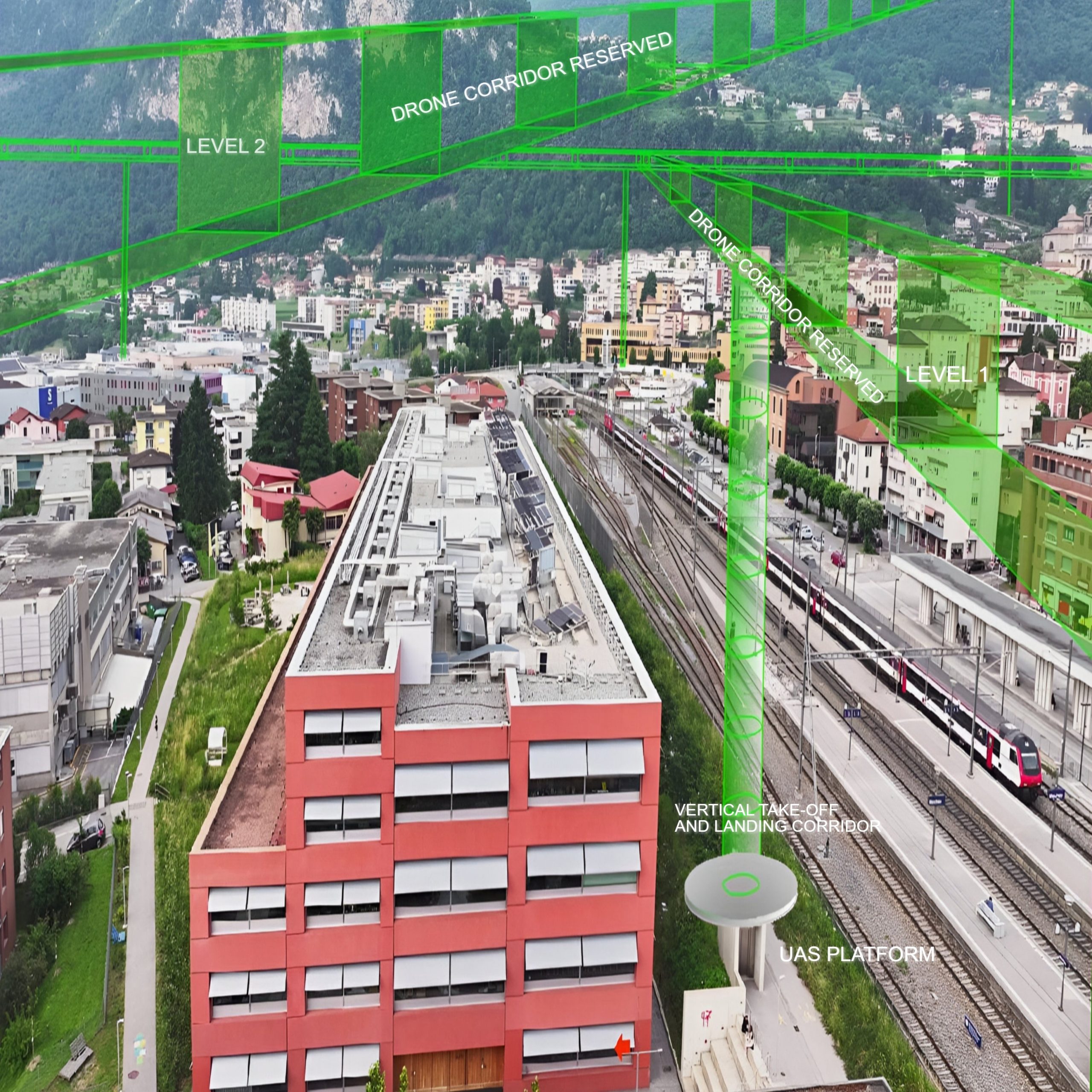 "Urban Airways for Tomorrow: Mendrisio's vision". Collage by the author (2025)