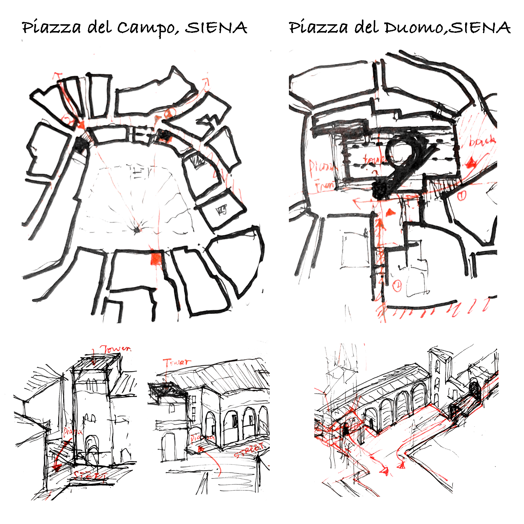 "Threshold diagram of in-between passage and Piaza in Siena". Sketches by the author (2025)